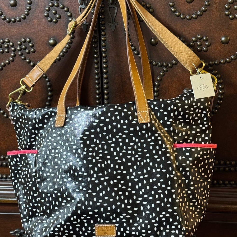 Fossil Black and White Patterned Satchel with Tan Straps